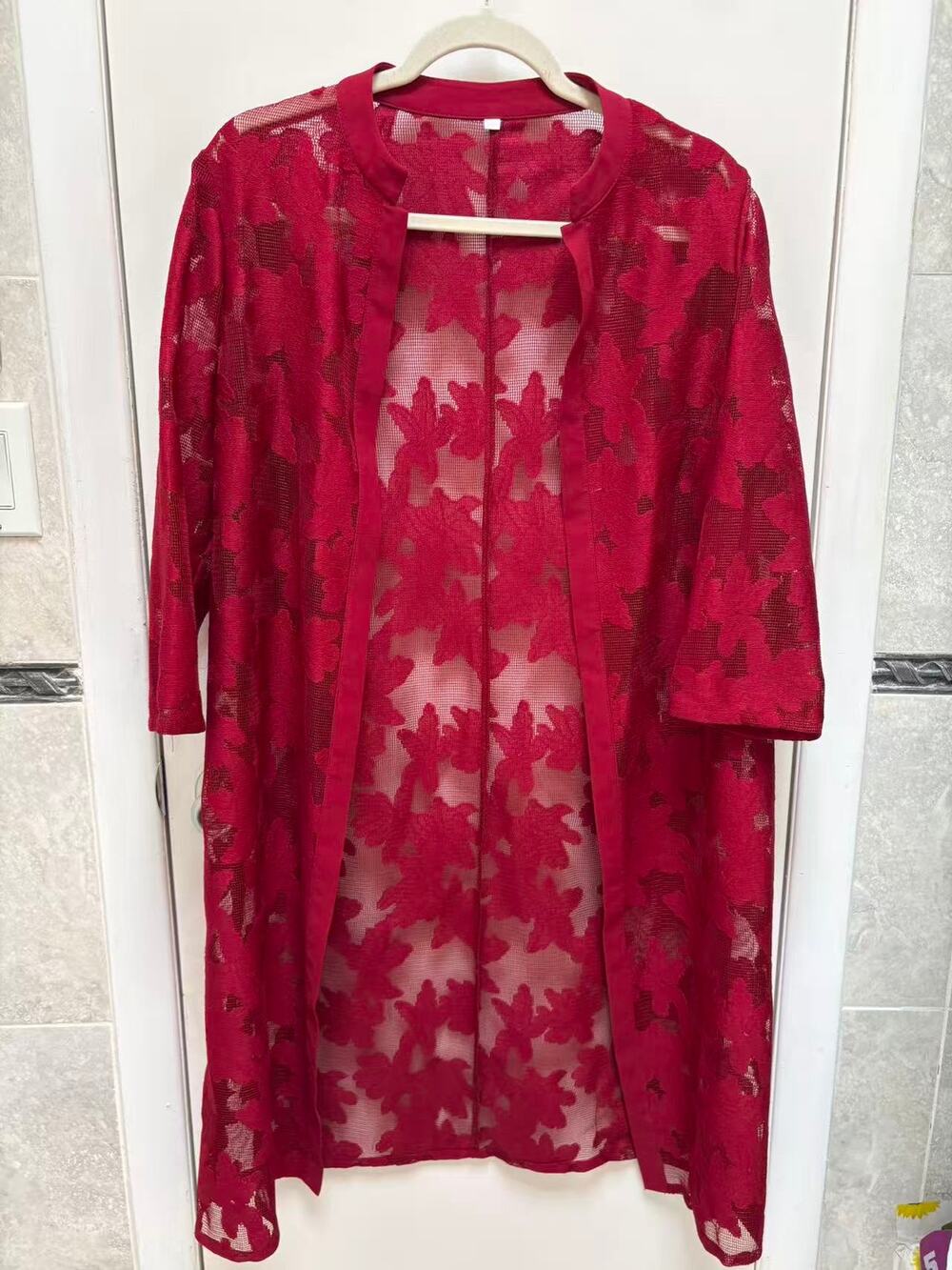 Women Red Sheer Floral Lace Duster Cardigan Long Open Fron Cover Up Top Medium
